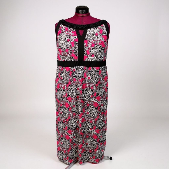 Pink and Black Floral Maxi Dress With Beading - Picture 1 of 3